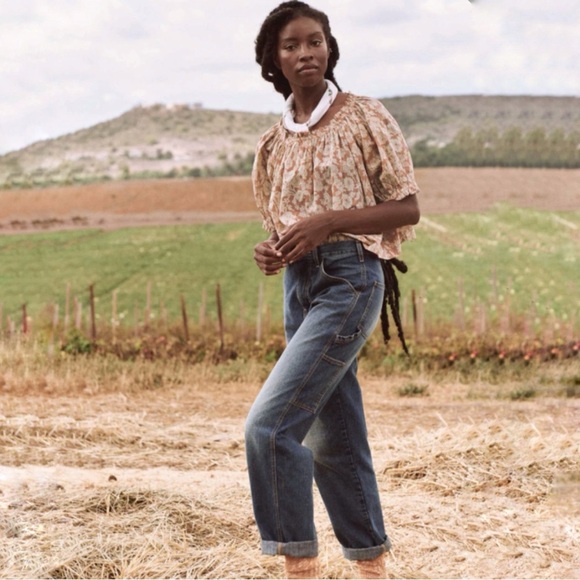 The GREAT. The Garland Top Puff Sleeve Boho Blouse Oat Wild Brush Floral 0 XS - Picture 2 of 16